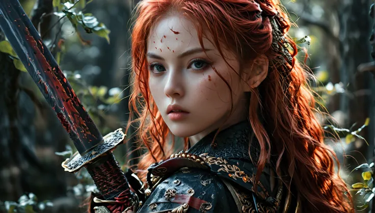 (8k, best quality, masterpiece:1.2), (photorealistic:1.4), RAW photo, best quality, ultra high res, best shadow, (full body:1.4), A female with long red hair, japanese armor, Samurai Sword, massive scale stunning environment, horror, dark horror, highly de...