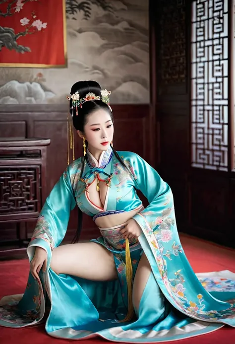 In the Qing Dynasty palace、Her breasts are large and her legs are spread wide、Bend your knees to make a V shape（Porn Pose）、Tying up your hair、She is shown in profile wearing a gorgeous Chinese empress&#39;s headdress.。In the background is the cobblestones ...