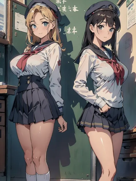 Two women in uniform posing for a photo, Photorealistic perfect body、Standing back to back、high school student,、Big Breasts、Sailor suit、mini skirt、beret