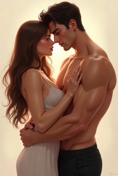 Make me a digital drawing of a white woman with long brown hair, dark brown eyes and a man with black hair white skin with good muscle mass and dark brown eyes without a beard NO DARK SKIN OF ANY ONE while they hug each other