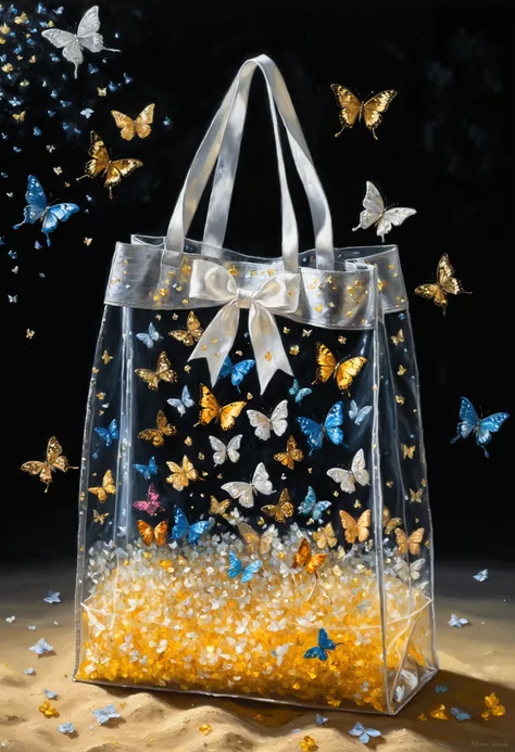 oil painting, a very transparent bag with crystal material, a white ribbon ties the bag, 6 small colorful butterflies flying ins...