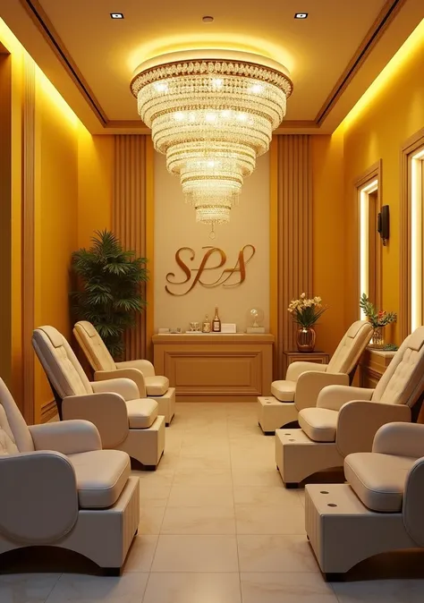 beautyful View from of the nail spa with yellow tones accented with gray or white, installed with a warm golden light crystal chandelier, with the big spa logo on the wall behind, some Nail chair for pedicure of the same tone