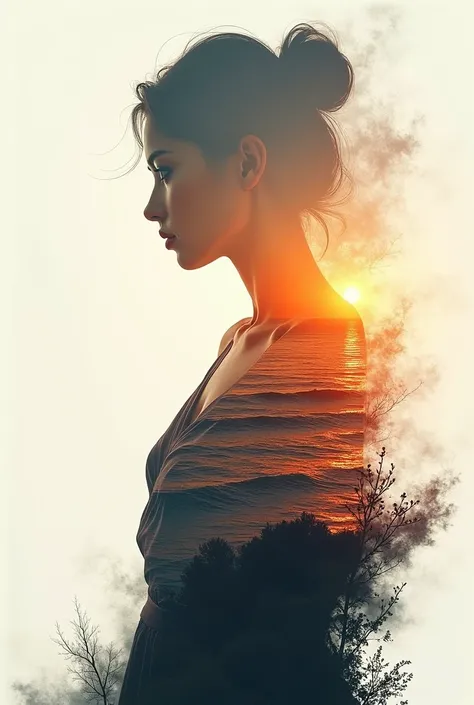 high quality, 8K Ultra HD, A beautiful double exposure that combines an goddess silhouette with sunset coast, sunset coast should serve as the underlying backdrop, with its details incorporated into the goddess , crisp lines, The background is monochrome, ...