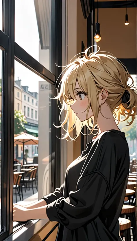 Beautiful and blond, messy styled hair, wearing all black, casual clothes, morning, free arms, cafe, looking outside,