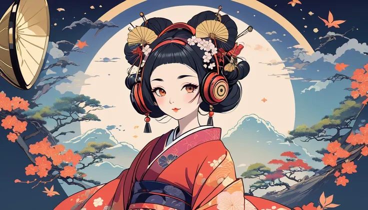 Oiran with Japanese style headphones、fan、Wide-angle lens, Lofi Anime, Lofi illustration, Aesthetic atmosphere, Lo-Fi Style, Vector art, Flat Design, Simple shape, Warm tones, Pleasant atmosphere, Chill, In anime style, Digital drawing, Vector art, Vector l...