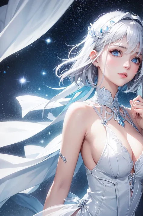 Silver Hair　Short Hair　Blue Eyes　Beauty　beautiful　Silver Angel　White Feather　Halo　Starry Sky