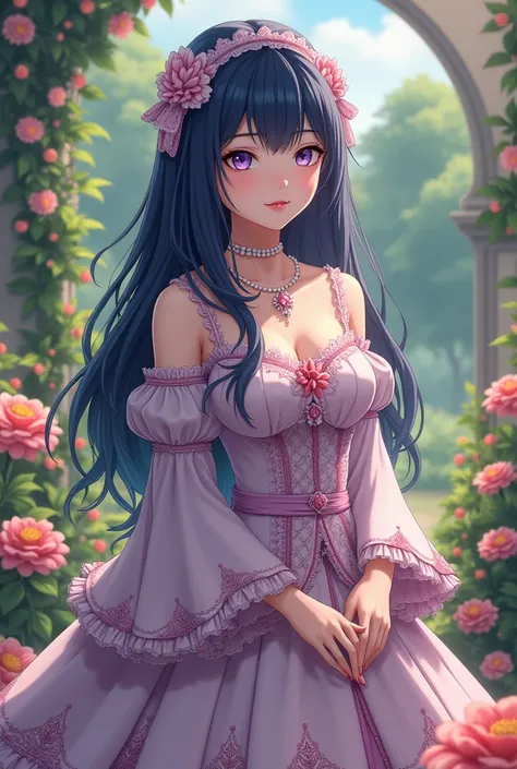 (absurdres, highres, ultra detailed), masterpiece, hinata(boruto), ((solo)), 1girl,medium breasts, long purple victorian style dress, closed mouth, (((long hair))),standing, the bodice and the skirt pattern, frill skirt, lace, blink blink effect, (((detail...