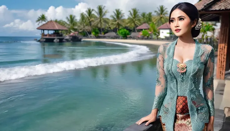 Illustrate a beautiful girl close up dressed in kebaya, set against the backdrop of a Balinese beach, (large breast), (cleavage ), (big breast:1.6), close-up shot (full body). Walk with waving hands. Ensure that the image is photorealistic and of top-quali...