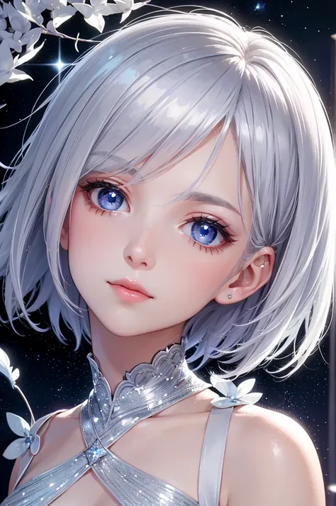 Silver Hair　Short Hair　Blue Eyes　Beauty　beautiful　Silver Angel　White Feather　Halo　Starry Sky