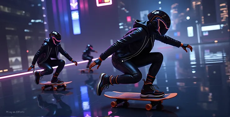 Skaters，Wearing a black leather jacket，A futuristic helmet，Glide along the ground