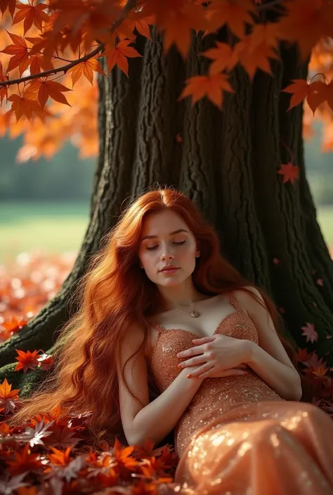 Olena: A 20-year-old with long, flowing reddish-brown hair that cascades down her back, and deep hazel eyes. She wears an elegant, shimmering gown. Though poised, she carries an air of vulnerability, as if caught between worlds.

Composition: Olena is slee...