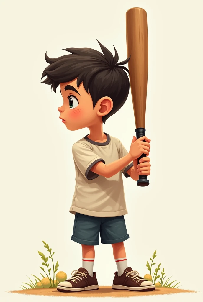 Profile of a boy holding a bat。Side view illustration。Bat high、Hold it next to your face。Hold the bat to the side。