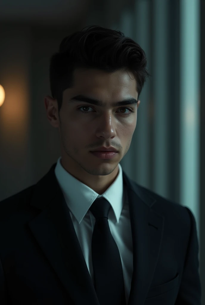 a young man, 20 years old, powerful in a suit and tie, protagonist, dark atmosphere, open environment, beautiful detailed eyes, beautiful detailed lips, extremely detailed face, longeyelashes, cinematic lighting, dramatic, moody, high contrast, sharp focus...