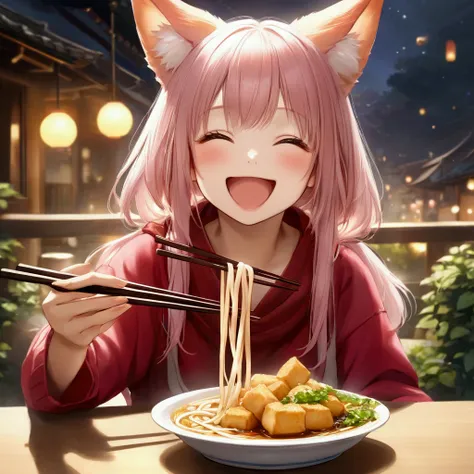 One person,Fox-eared girl,Udon、Thin fried tofu、,chopsticks,eat, looks happy、cute、Realistic Anime、