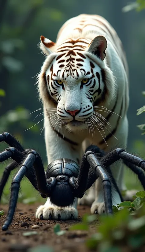 Realistic white tiger and a  big spider in one picture 