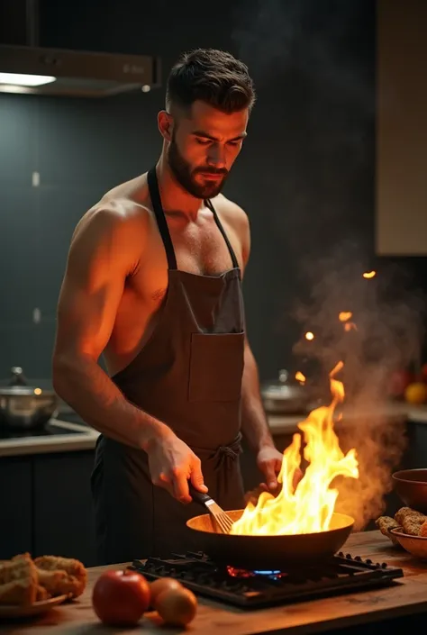 A tall, handsome man stands in the kitchen, wearing only a apron, completely naked, holding a frying pan and skillfully stir-frying the ingredients. Suddenly, a dancing flame rises from the pan, 32k, best quality, masterpiece, super detail, high details,Th...