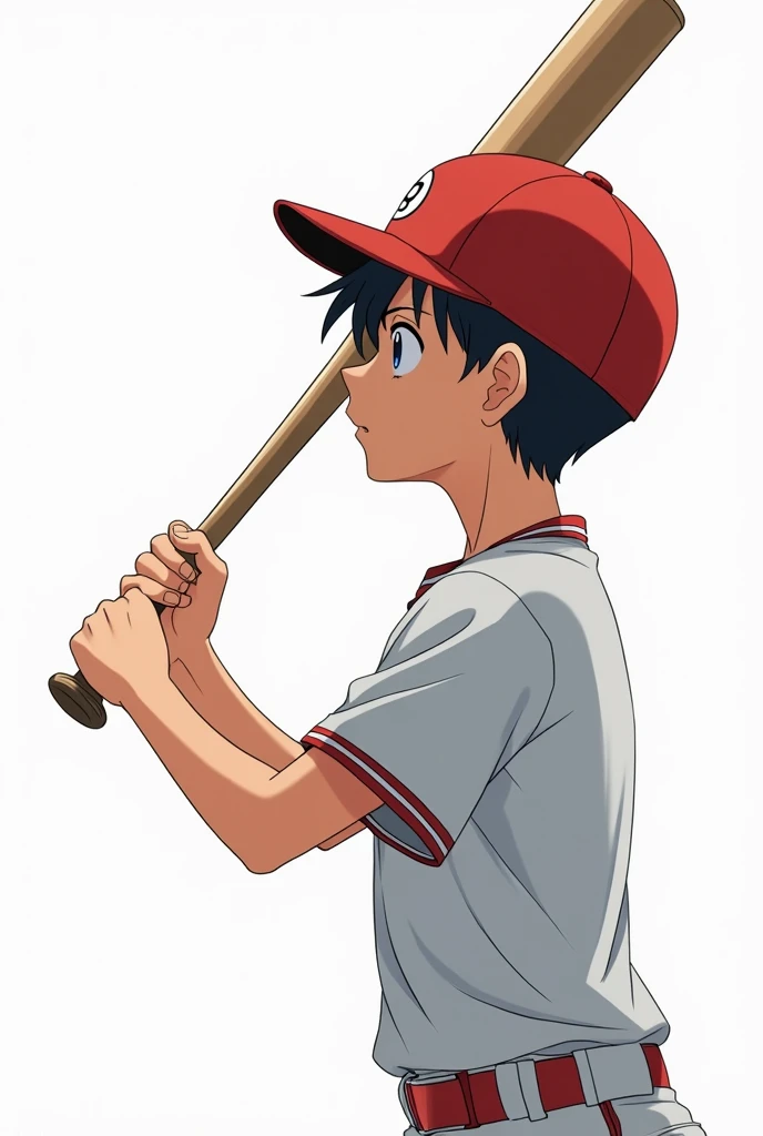 Profile of a boy holding a bat。Side view illustration。Bat high、Hold it next to your face。Hold the bat to the side。Fly Higher。Japanese anime-style illustrations。