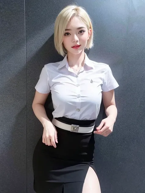 Pretty thai woman blonde short hair , (8k, best quality, masterpiece, ultra highres:1.2) Photo of Pretty thai woman beautiful, beautiful enchanting fashion contemporary painting with , (1girl), (white shirt short sleeves), ((black pencil skirt)), belt , bl...