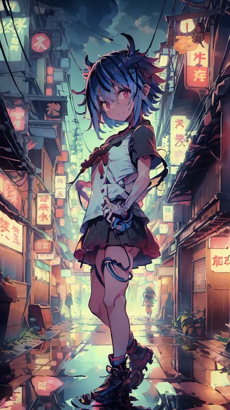 masterpiece, highest quality, high resolution, very detailed,(((mikoto naruka))), (((neon sign)))、(((alley)))、(((smile)))、(((sta...