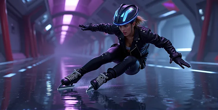 Female ice skater，Wearing a black leather jacket，A futuristic helmet，Glide along the ground，individual，Hyperrealism，Wallpaper quality，Photography style