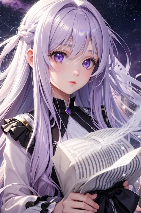 Pastel purple hair　Wavy Long Hair　Purple Eyes　Beauty　beautiful　Silver Angel　White Feather　Halo　Starry Sky