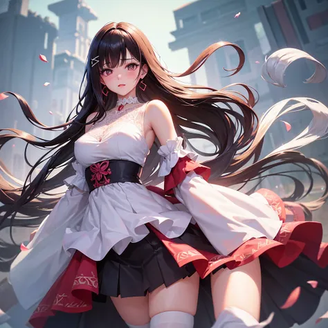 A beautiful 20 years old girl walking in a field of flowers, anime girl, wedding dress, sleeveless, skirt parted in front, white thigh highs, blue sky, rain of flowers, big round breasts, dark brown hair, long hair, wavy hair, long bangs, expressive hair, ...