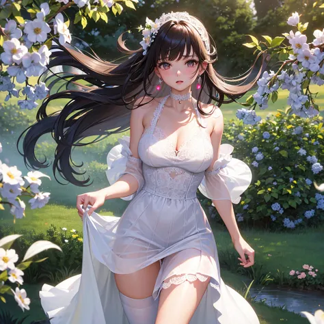 A beautiful 20 years old girl walking in a field of flowers, anime girl, wedding dress, sleeveless, skirt parted in front, white thigh highs, blue sky, rain of flowers, big round breasts, dark brown hair, long hair, wavy hair, long bangs, expressive hair, ...