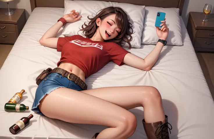 Beautiful Japanese Women,Cowgirl Costume,Denim mini skirt,Red checked short sleeve shirt,Gun belt at waist,The gun is stored in a holster,Wear western boots,Navel exposed,Watch on wrist,Being drunk,Hiccups,Look here,indoor,Above the knee shot,Lying in bed,...