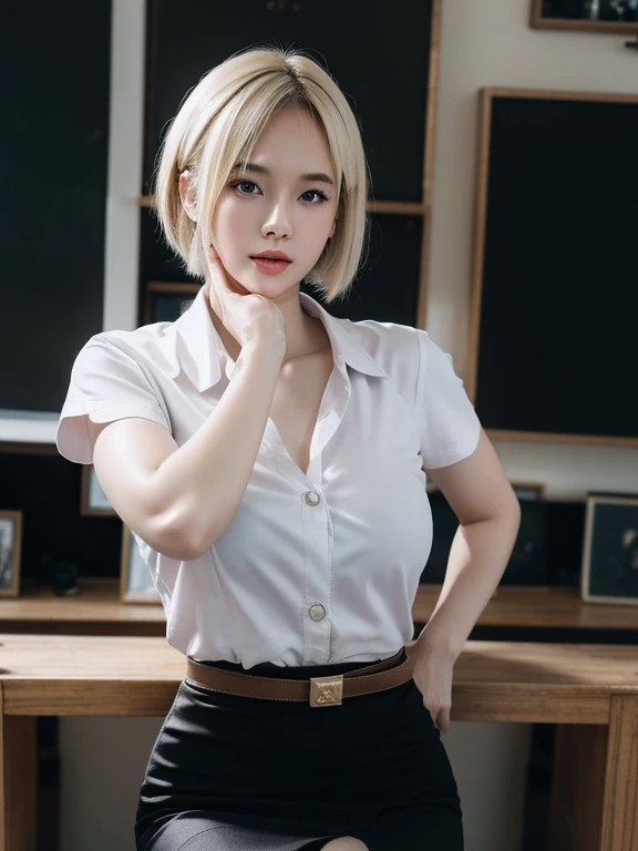 Pretty thai woman blonde short hair , (8k, best quality, masterpiece, ultra highres:1.2) Photo of Pretty thai woman beautiful, beautiful enchanting fashion contemporary painting with , (1girl), (white shirt short sleeves), ((black pencil skirt)), belt , bl...