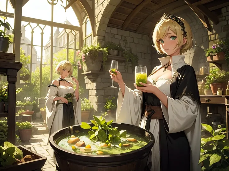 A beautiful blonde, short-haired, green-eyed girl brewing a potion in a large black cauldron in a medieval glass greenhouse., white silk robe, A cheerful and bright atmosphere, Herbs and root vegetables