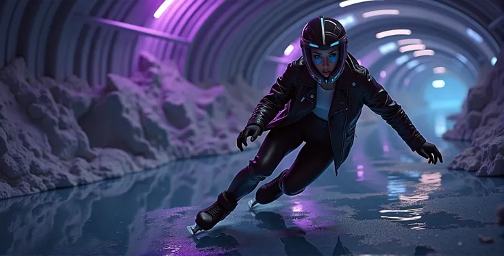 Female ice skater，Wearing a black leather jacket，A futuristic helmet，Glide along the ground，individual，Hyperrealism，Wallpaper quality，Photography style