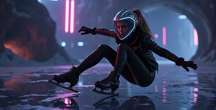 Female ice skater，Wearing a black leather jacket，A futuristic helmet，Glide along the ground，individual，Hyperrealism，Wallpaper quality，Photography style