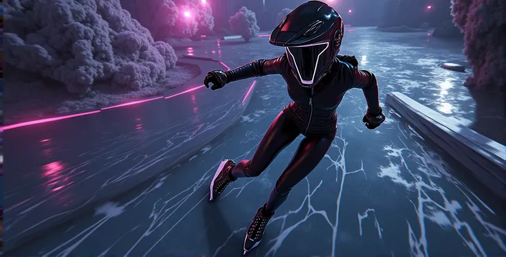 Female ice skater，Wearing a black leather jacket，A futuristic helmet，Glide along the ground，individual，Hyperrealism，Wallpaper quality，Photography style