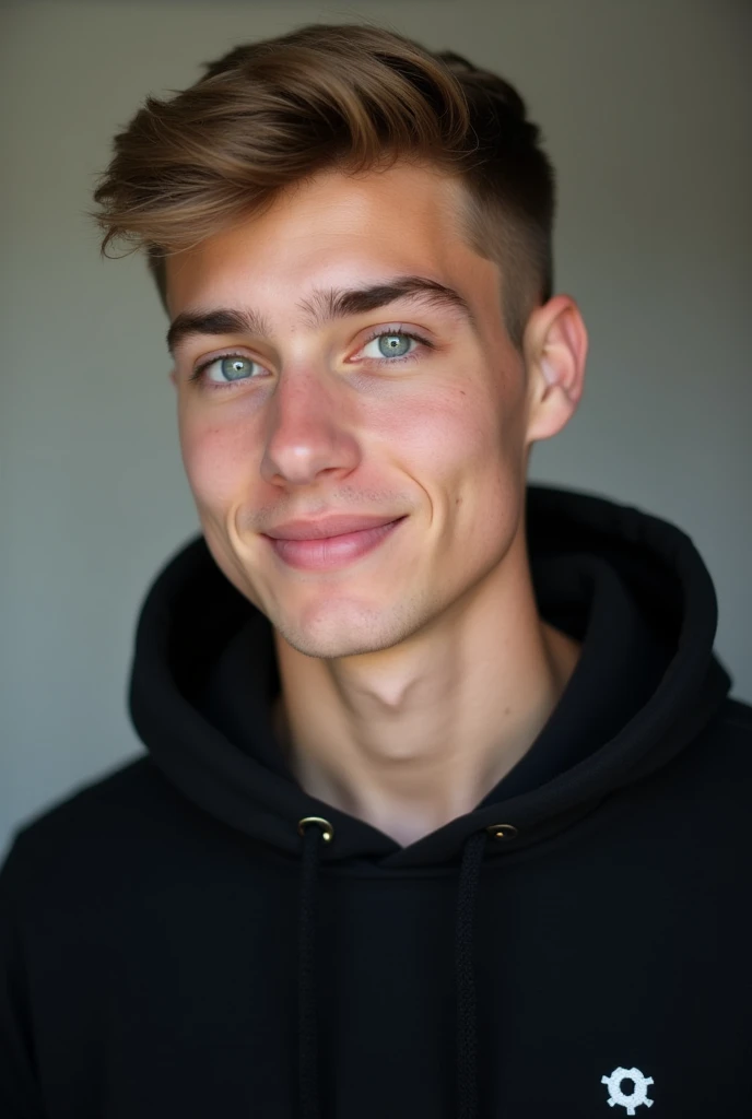 "A profile picture of a young man around 20 years old with short light brown hair, a sharp facial structure, and fair skin. He’s wearing a black hoodie with a small logo on the chest, and his bright blue eyes are looking directly at the camera with a sligh...