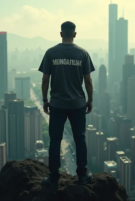 A man is standing on a city hill and on his shirt is written Munggaruak