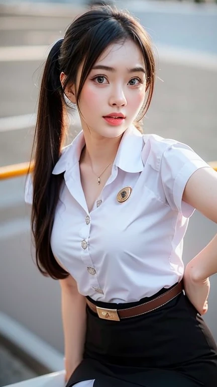 Pretty thai woman solo twin tails hair , (8k, best quality, masterpiece, ultra highres:1.2) Photo of Pretty thai woman beautiful, beautiful enchanting fashion contemporary painting with , (1girl), (white shirt short sleeves), ((black pencil skirt)), belt ,...