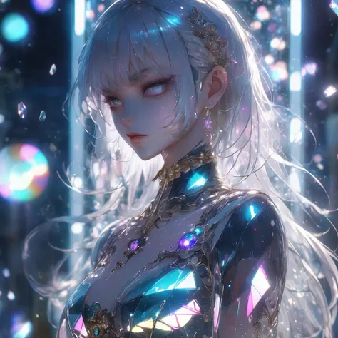 crystal covered, upper body, side shot, alternate color, masterpiece, detailed illustration, realistic, pixiv top quality, exquisite, {{{kawaii 1girl}}}, ultra beauties who fuse with machines, elaborate shabby chic pattern, glitter beautiful female, transp...