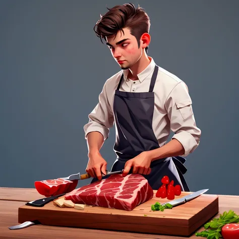 cutting board,knife,food,kitchen knife,male focus,solo,holding knife,meat,holding,1boy,steak,(Food close-ups:1.1),