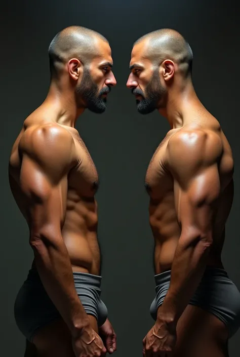 Generate image of two similar slim shaved Indian men rivals standing face to face in underwear

