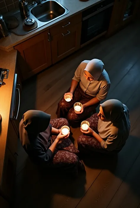  three beauty hijab malay girl sitting chat and hold a glass, on a wooden plank floor in a kitchen, wear a shirt and a batik pants, aerial top angle, aerial view, in a dark night, 