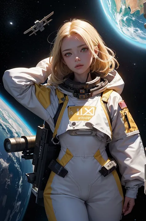 (Young girl, 12 years old, Blonde, Realistic, Pale skin), (yellow (eye:1.2)), (Slim figure:1.3), (fantasy space suit), Beautiful Face, Symmetrical face, Greg Rutkowski, Wlop and Sam Kuvshinov, (Long Hair), Blondeのまつげ, Big Iris, Large pupils, whole body, St...