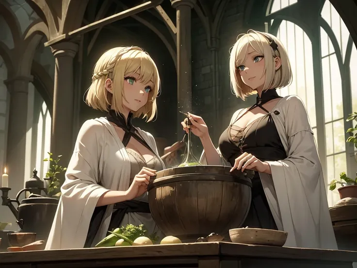 One Girl, A beautiful blonde bob-haired, poor-looking, green-eyed girl brewing potions in a large black cauldron in a medieval glasshouse., white silk robe, A cheerful and bright atmosphere, Herbs and root vegetables