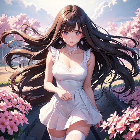 A beautiful 20 years old girl walking in a field of flowers, anime girl, wedding dress, sleeveless, skirt parted in front, white thigh highs, blue sky, rain of flowers, big round breasts, dark brown hair, long hair, wavy hair, long bangs, expressive hair, ...