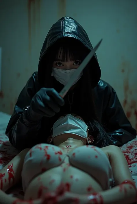 korean girl, (behind corpse, surgical mask), holding knife, stabbing, black gloves, room full of blood, black raincoat, plump, hood up, holding knife, black gloves, behind corpse, looking at viewer, blood splatter, bondage, long bangs, bed room, black wet ...