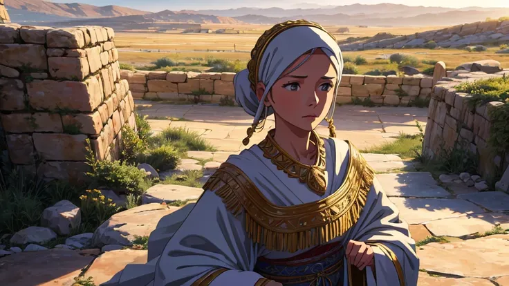 A modern reinterpretation of a woman from the Bible, set in the time of Jesus but with contemporary elements. The image focuses on her face, showing a serene expression. She wears traditional biblical clothing, such as a simple robe and a headscarf, adorne...