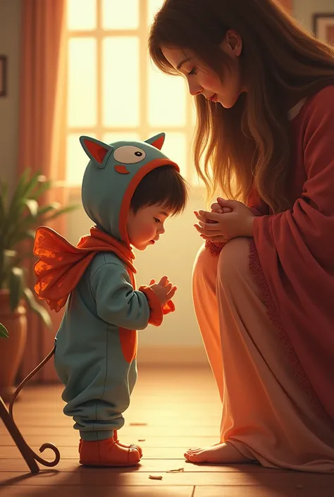 A boy wearing a child costume bows to his mother&#39;s feet.