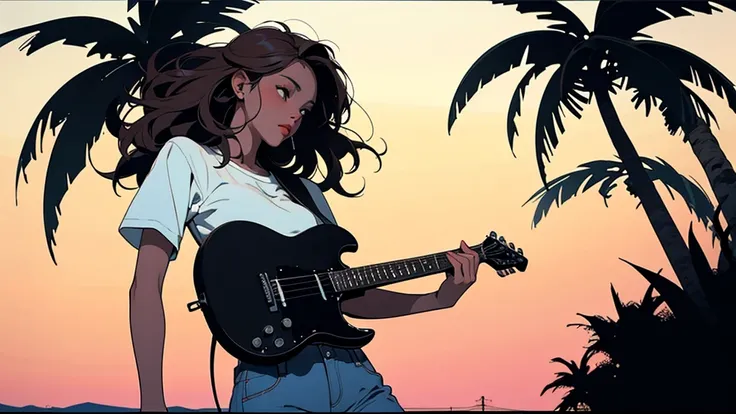 A girl playing guitar at dusk. Retro Girl, Miami, sunset, Ferrari, Palm tree, the 90s, (Flat Color, flat texture, Line art:1.2), Graphical Design, (Dark ink, Ink Black), 