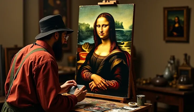 Leonardo da Vinci painting the Mona Lisa in his studio