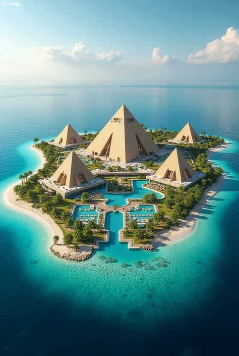 Create a modern hotel complex in Egypt in the middle of the Red Sea on a breathtaking coral reef with lots of marine life and the hotel should be reminiscent of pyramids, Sphinx and ancient Egypt remind.