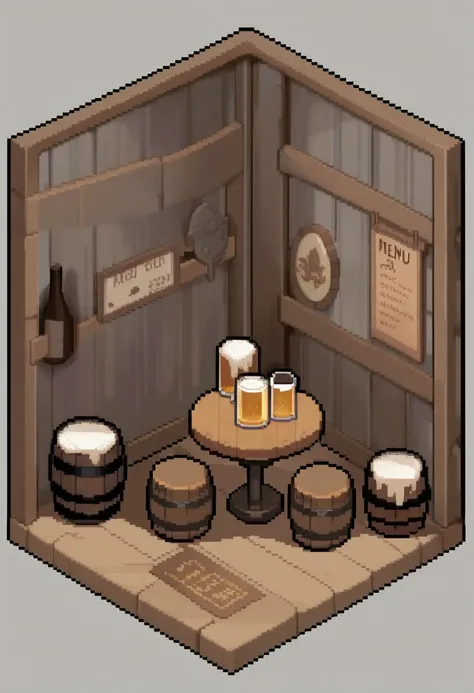 Abar_(place), barrel, beer_mug, bottle, commission, english_commentary, fence, grey_background, house, menu_board, no_humans, pixel_art, still_life, table